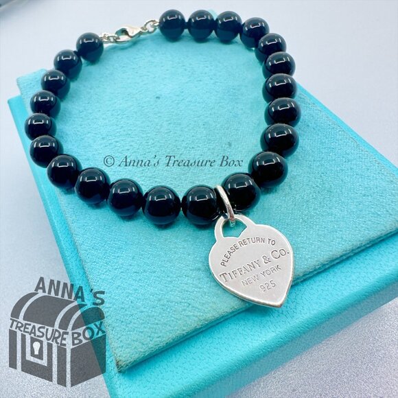 Tiffany & Co. 925 Silver RTT Heart Tag 8mm Black Onyx 7.75" Bracelet (pouch) - Picture 1 of 7
